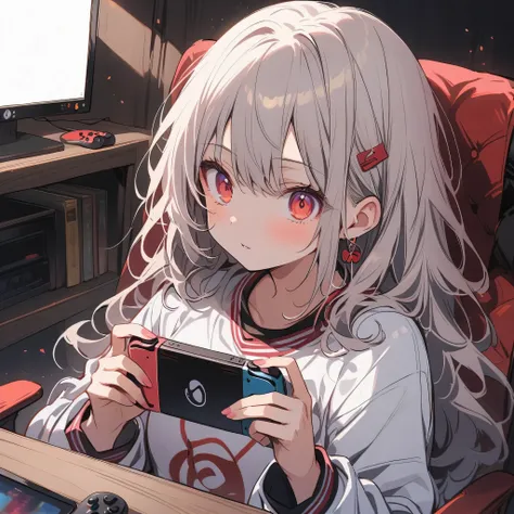 a girl with grey hair and red eyes,playing video games