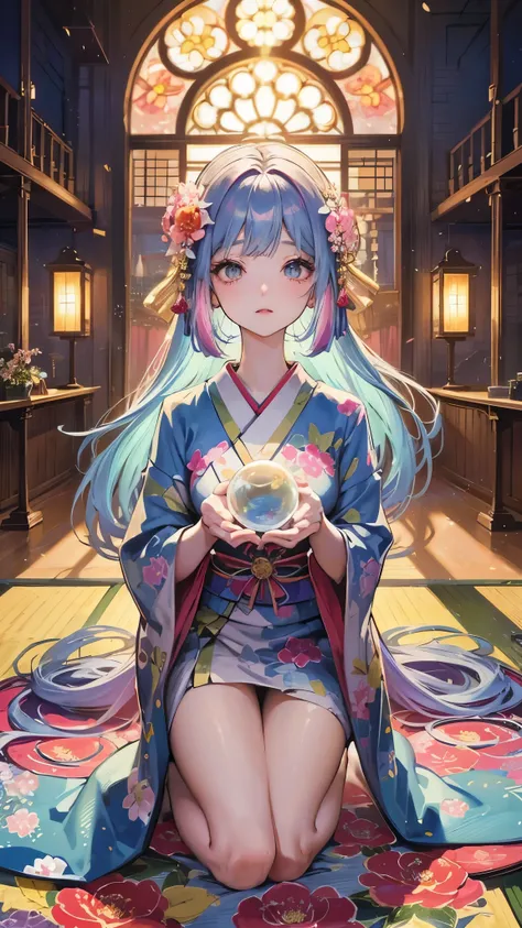 Draw a beautiful young woman in anime style。She is standing in a traditional Japanese room.、Her short bob hair is colored in pastel rainbow colors.。Her eyes are large and delicate、It has a look that draws the viewer in.。In the background, soft natural ligh...