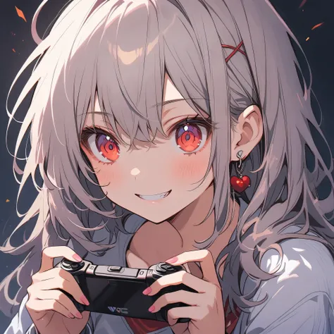 a girl with grey hair and red eyes,playing video games