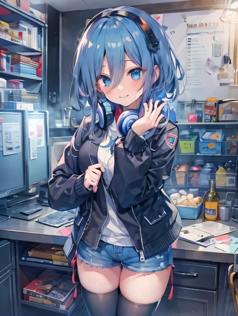 (8K, Highest quality, Highest quality, masterpiece), nm1, 1girl, headphones around neck, smile, school uniform, long sleeves, blue cardigan, denim short shorts, pantyhose, black jacket, open jacket, big breasts