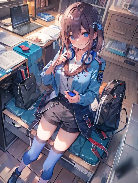 (8K, Highest quality, Highest quality, masterpiece), nm1, 1girl, headphones around neck, smile, school uniform, long sleeves, blue cardigan, denim short shorts, pantyhose, black jacket, open jacket, big breasts