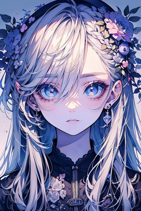 master piece、best quality、ultra detailed、highres、watercolor、Perfect Face、Beautiful Face、Very delicate face、(Big Eyes:1.4)，(Long eyelashes:1.4)、girl、slim、downturned eyes、gray eyes、long hair、braid、silver hair、nurse outfit、Colorful floral hair ornament、Lots o...