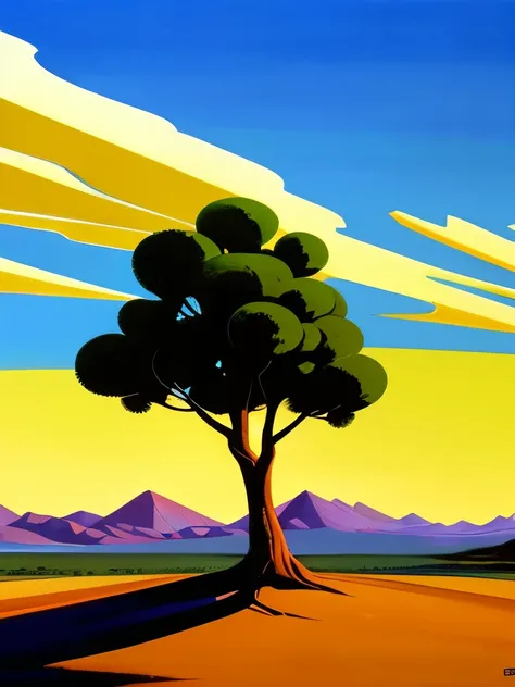 painting of a lone tree in a desert with mountains in the background, a gouache by Jerry Weiss, flickr, plein air, painting in the style of ed mell, edward okun, edward hooper, great light and shadows”, virgil finlaytim hildebrandt, chris moore”, nicholas ...