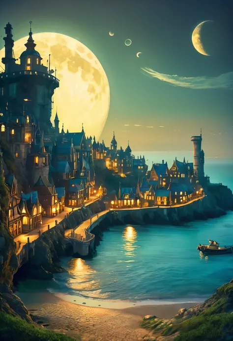 Distant view of a medieval steampunk coastal fortified city at night in a calm, curved sea bay, Houses made of ancient stones, Two moons in the night sky, Hypnotizing image, Captivating image, dnd, ultra-realistic, artistic, cinematic lighting, smooth deta...