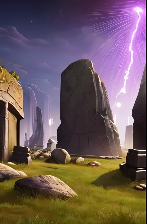 a picture taken from a video game shows a group of rocks with glowing lights, runestones, giant grave structures, dark runes, lost runes, stone runes on the front, symmetrical epic fantasy art, purple fire around magic arena, with jagged rocks & eerie, dru...