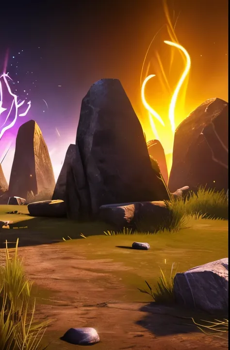 a picture taken from a video game shows a group of rocks with glowing lights, runestones, giant grave structures, dark runes, lost runes, stone runes on the front, symmetrical epic fantasy art, purple fire around magic arena, with jagged rocks & eerie, dru...