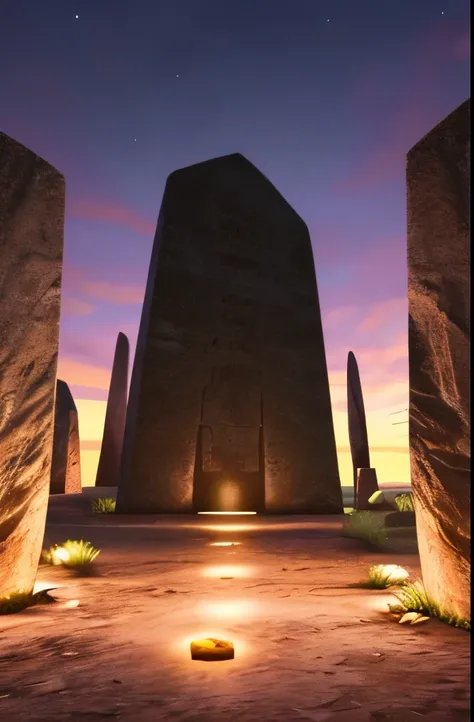 a picture taken from a video game shows a group of rocks with glowing lights, runestones, giant grave structures, dark runes, lost runes, stone runes on the front, symmetrical epic fantasy art, purple fire around magic arena, with jagged rocks & eerie, dru...