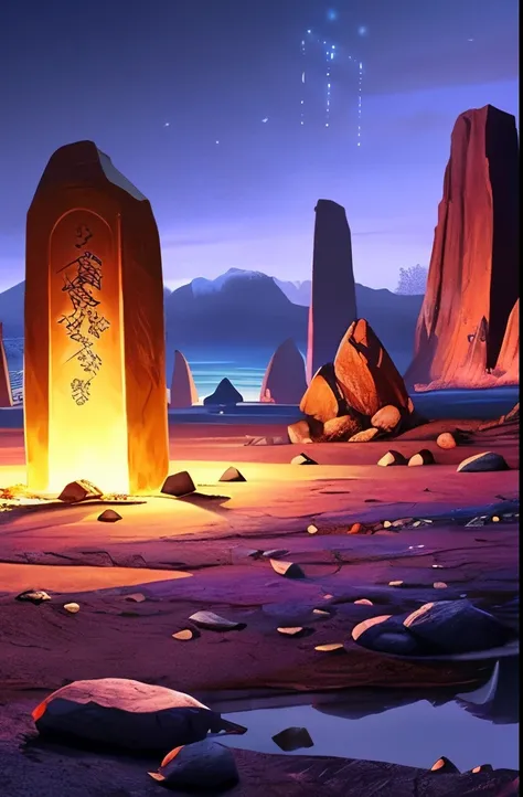 a picture taken from a video game shows a group of rocks with glowing lights, runestones, giant grave structures, dark runes, lost runes, stone runes on the front, symmetrical epic fantasy art, purple fire around magic arena, with jagged rocks & eerie, dru...