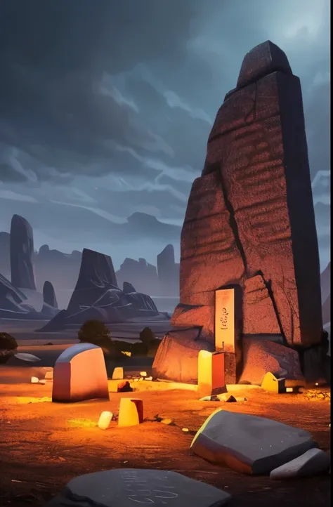 a picture taken from a video game shows a group of rocks with glowing lights, runestones, giant grave structures, dark runes, lost runes, stone runes on the front, symmetrical epic fantasy art, purple fire around magic arena, with jagged rocks & eerie, dru...