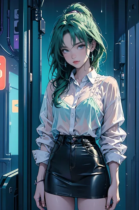 anime、High image quality、High resolution、Woman looking towards you、Angry expression、Green Hair、Purple Eyes、Pouring rain、Night City、Cyberpunk、Neon Signs、See-through blouse、Short tight skirt、