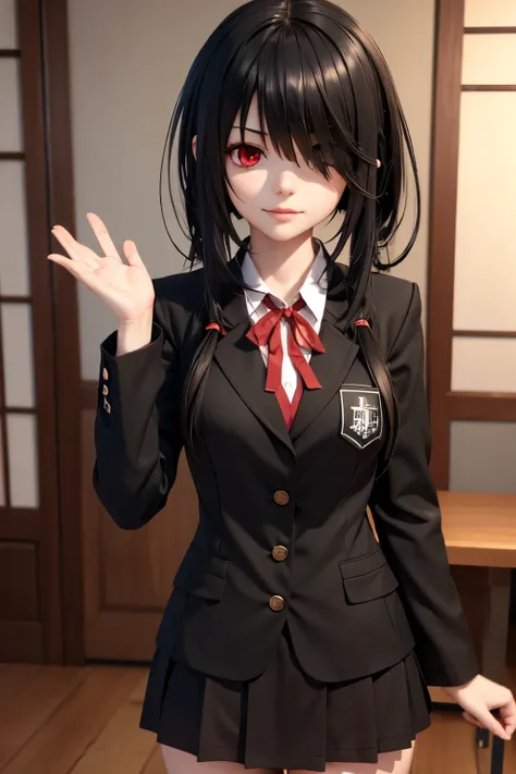 create a 3d character from the character tokisaki kurumi, Date A live,long black hair, one eye covered by hair, red eyes, black Japanese school uniform, 3d, 