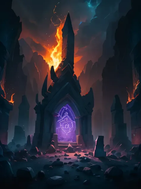 a picture taken from a video game shows a group of rocks with glowing lights, concept art by Johfra Bosschart, Artstation, conceptual art, runestones, giant grave structures, dark runes, lost runes, stone runes on the front, symmetrical epic fantasy art, p...