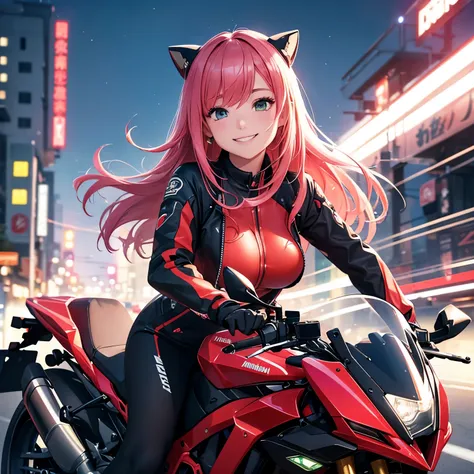 top-quality、8K、hight resolution、​masterpiece、(portlate:0.6)、Kawasaki bikes ride at high speed around the city、(slow motion:1.3)、(Motion Blur:1.3)、(SPEEDLINE:1.4)、Sense of speed、1girl in、Sparks and smoke coming out of tires、Pink hair、Middle hair、(A smile:1....