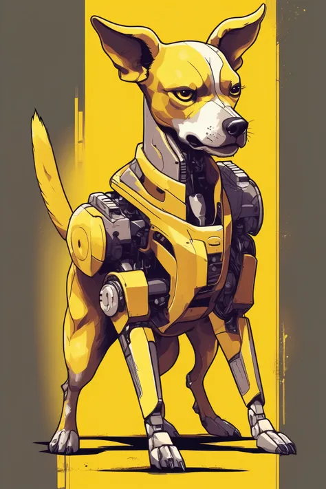 "Create a high-quality, perfectly textured CG anime T-shirt design featuring a yellow background with a highlighted dog character as the Terminator. The dog should have perfect anatomy and detailed features, including a robotic eye and metallic body parts....