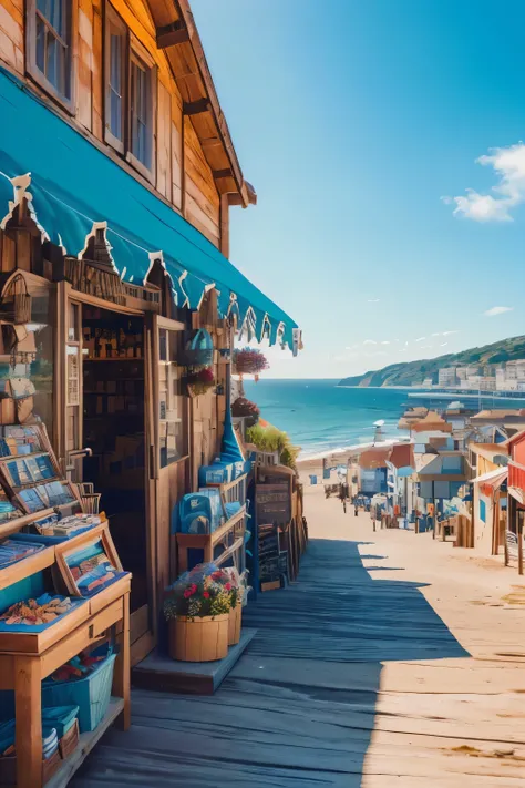 Beautiful seaside souvenir shop, Breathtaking ocean views, Warm afternoon sunshine, Rustic wooden architecture, Colorful local products, Detailed store sign, Antique cobblestone street, Picturesque coastal town, Atmospheric lighting, (Best Quality,4K,8k,Hi...