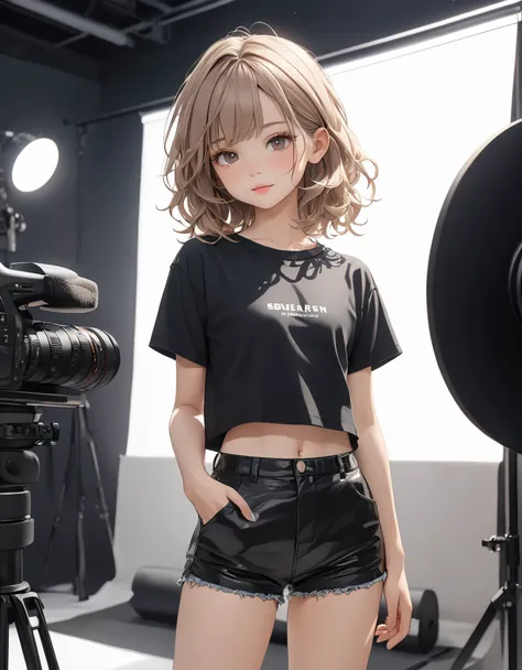 ((Masterpiece)), ((best quality)), (super detail:1.2), (High Definition:1.3), (8K), (very aesthetic:1.2), (absurdres:1.2), Textured skin, ((1girl)), cute young girl, ((cropped black T-shirt)), cute teenage girl, super cute face, pale brown hair, messy medi...