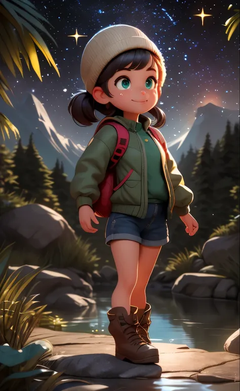 masterpiece, best quality, ultra-detailed, illustration, 1girll, solo, outdoors, camping, night, mountains, nature, stars, moon,...