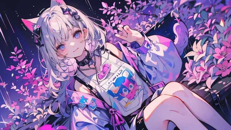 (masutepiece), (Best Quality), Highly detailed,highres、watercolor、colorful、One person、girl、slim、downturned eyes、violet eyes、medium hair、silver hair、multi-colored hair、amused smile、white t-shirt、shorts、White sneakers、hair pin、Purple cat ears、Rainy night cit...