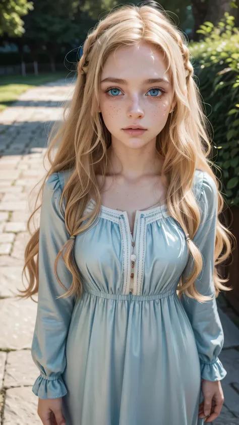 Hyperrealistic 8k Long Curly Blonde Hair，White teenage girl，light blue eyes，Medieval dress，freckles on the cheek, walking，with light skin，The eyes are large, Detail en los ojos, light blue eyes, featured pieces, bright eyes, full body, session, red outline...