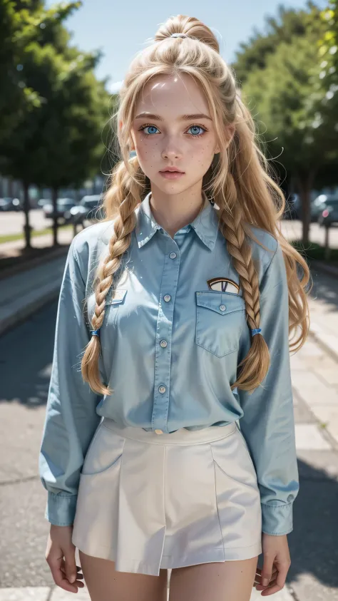 Hyperrealistic 8k Long Curly Blonde Hair，White teenage girl，light blue eyes，in uniform，freckles on the cheek, walking，with light skin，The eyes are large, Detail en los ojos, light blue eyes, featured pieces, bright eyes, full body, session, red outline, De...