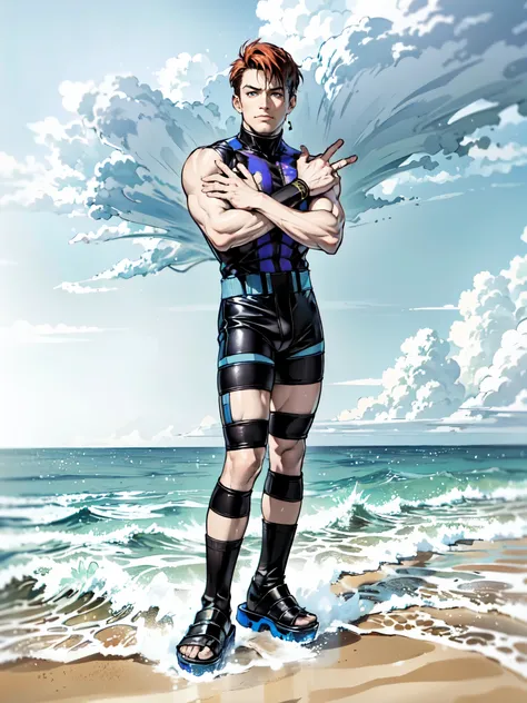 (masterpiece:1.2, best quality:1.2, extremely delicate:1.2), ((male:1.5)), ((Takanori Nishikawa:1.2)), a man with orange-red short hair, a muscular build, a black leather strappy outfit, his arms crossed over his chest, stands on a platform above the sea, ...