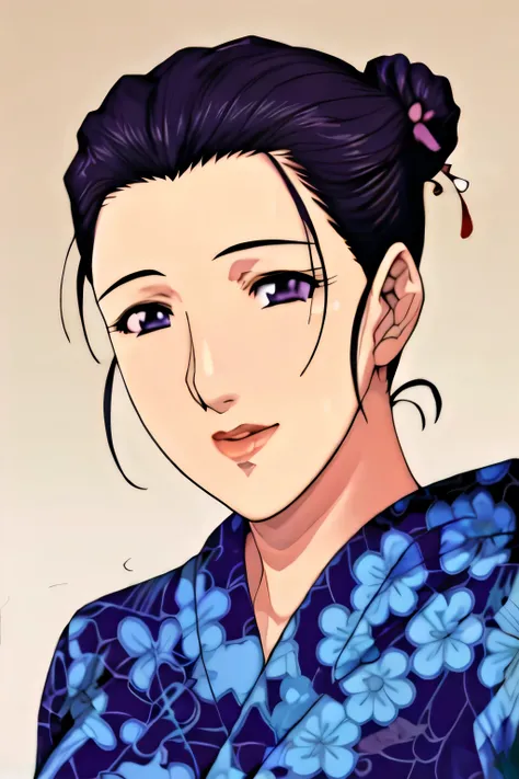 Simple Background,White Background,
purple kimono,floral print,japanese clothes,wide sleeves,long sleeves,
cleavage,
purple eyes, black hair,bangs,hair bun,
1 girl, 20yo,Young female,Beautiful long legs,Beautiful body,
Beautiful Nose,Beautiful character d...