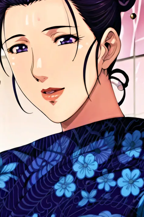 Simple Background,White Background,
purple kimono,floral print,japanese clothes,wide sleeves,long sleeves,
cleavage,
purple eyes, black hair,bangs,hair bun,
1 girl,Young female,Beautiful long legs,Beautiful body,
Beautiful Nose,Beautiful character design,...