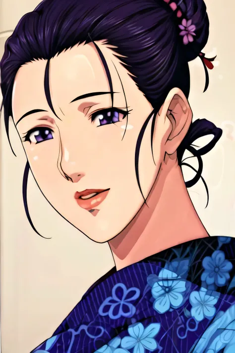 Simple Background,White Background,
purple kimono,floral print,japanese clothes,wide sleeves,long sleeves,
cleavage,
purple eyes, black hair,bangs,hair bun,
1 girl,Young female,Beautiful long legs,Beautiful body,
Beautiful Nose,Beautiful character design,...