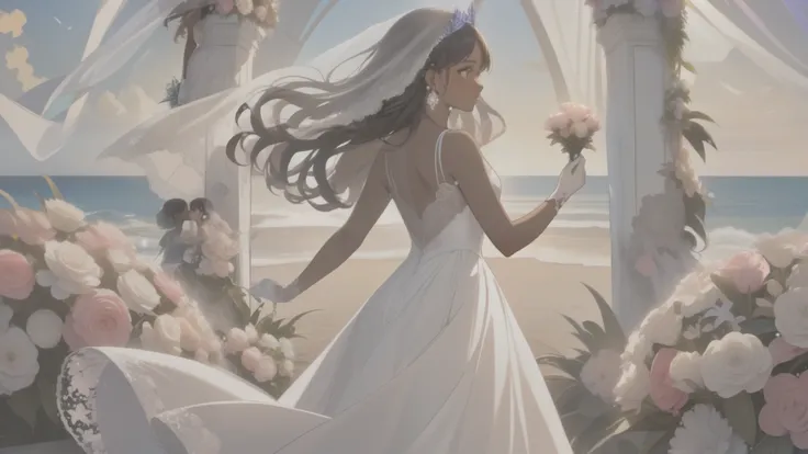 Two Brides:
first woman with a sleeveless wedding dress, lace top, with trans flag colors(blue, white, pink), black eyes,(((brown skin))), transparent wedding veil, wearing white finger gloves, purple tiara, long wavy black hair, wearing silver high heels ...