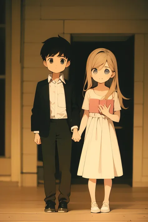 a photo of a young boy and girl holding hands　illustration　a girl is holding a big book in one hand