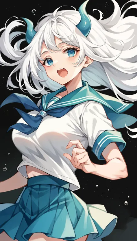 score_9, score_8_up, score_7_up, score_6_up, score_5_up, score_4_up, 1 girl, Alone, watercolor(medium), white hair, horn, Open mouth slightly, Sailor Suit, Floating in the air,big  breasts, Delicate blue eyes like the sea, 俯视视horn, Black background.