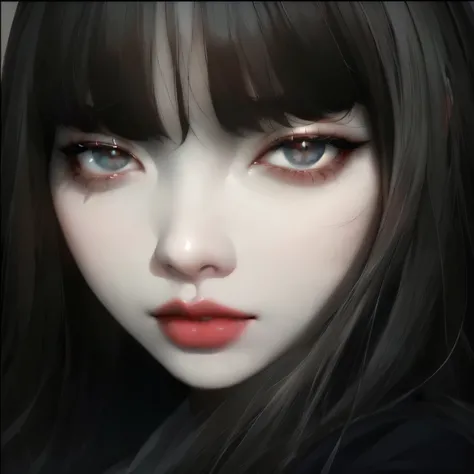 a close up of a woman with long hair and red lipstick, pale porcelain white skin, pale milky white porcelain skin, porcelain white skin, Porcelain white face, pale white face, pointed face and gray eyes, ulzzang, snow white skin, Detailed white eyes, popul...