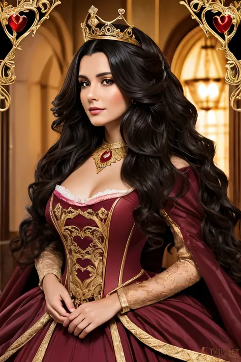 A light brown collored queen of hearts with long curly black hair