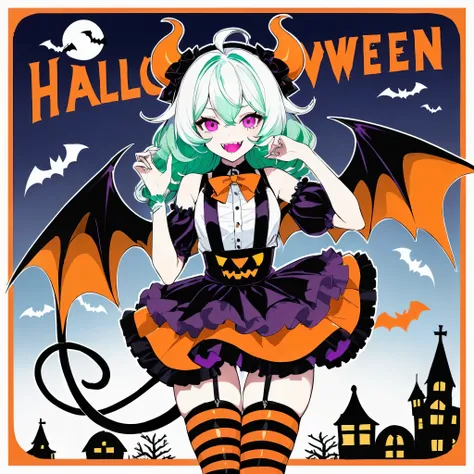 Happy Halloween🎃, a mischievous devil girl with long wavy twin-tail hair. Her hair is vibrant orange and mint green. Her translucent white skin, pink eyes and sharp fangs are contrasted by her wicked smile. She wears a high-waisted black suspender skirt ov...