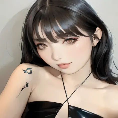 sultry asian woman in black top with tattoo on arm, ulzzang, popular south korean makeup, she has black hair with bangs, popular Korean makeup, Lalisa Manobal, with bangs, neat hair with bangs, sakimichan, headshot profile picture, a lovely korean face, ko...