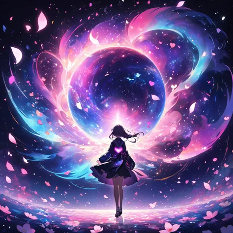 Illustrate a Japanese female student standing on a giant cherry blossom petal floating in a sea of stars. The petal is slowly disintegrating into smaller petals and heart shapes. Cosmic winds carry these shapes towards a nebula forming the faint outline of...