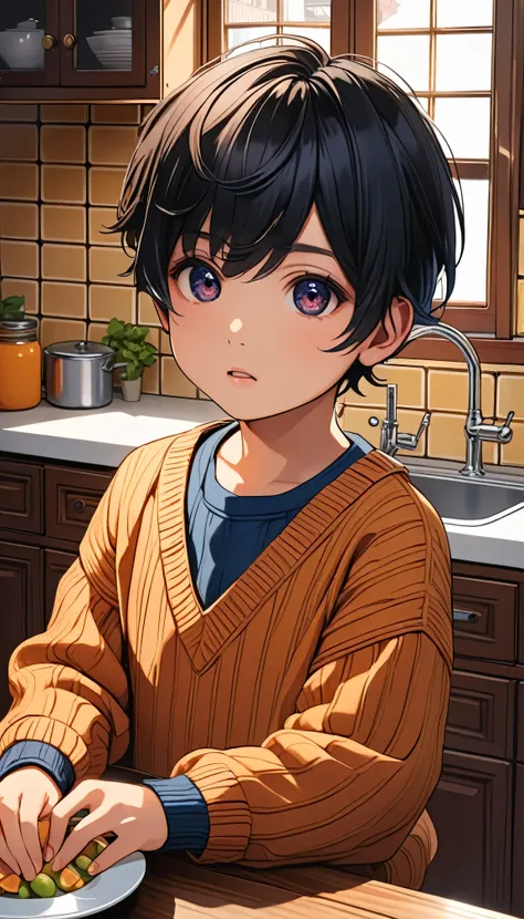 1boy, ((young boy)), child, solo, (pixie cut, short hair), black hair, black eyes, clear eyes, open mouth, kitchen, warm sweater, ((spats)), standing, (cowboy shot), from front view, from below, looking at viewer, (perfect hands), (best quality, high quali...