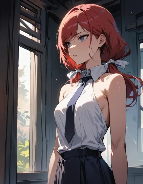 (masterpiece, best quality), 1girl, stoic, looking to the side, beautiful face, Gray eyes, red hair, swept bangs, low twin tails, white ribbons, sleeveless halter neck white collared shirt, dark blue necktie, dark blue skirt, small breasts, toned arms,