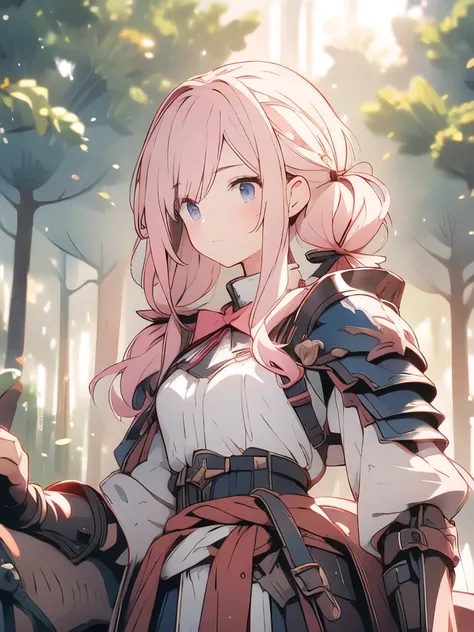 Highest quality、Absurd beauty、Accurate hand drawing、Detailed face、Pink Hair Girl、Twin tails、hunter、Leather Armor、Holding a bow、Quiver on waist、in the forest、Sunlight filtering through the trees