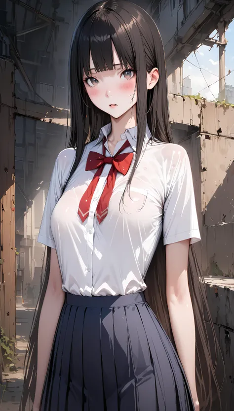 ((masterpiece,Best Quality:1.3,best quality illustrations,realistic)),cowboy shot,portrait,1 woman,adult,straight long hair,black hair,very small head,bangs,gray eyes,(gorgeous eyes),blush,long body,medium breasts,(School uniform、collared white shirt,Short...