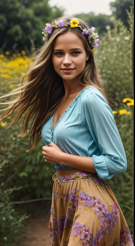 Foto hiperrealista en primer plano de Alicia Vikander, masterpiece, best quality, (photorealistic:1.4), full body, dressed as hippie in flowers long sleeves vneck blouse and hippie maxi flowers skirt . She wears a headband or flower crown in her long, flow...