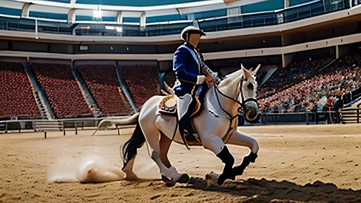 White Paso horse, Dancing marinera in a bullring. Ridden by a man dressed as a horseman 