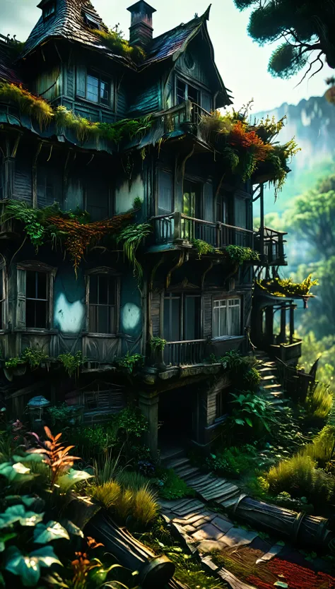 abandoned forest house:1.3, tall grass, debris, Dark Souls, Motor Unreal Bloodborne 5, cinematic, color grading, photograph de retrato, Ultra-Grande Angular, Depth of field, Hyperdetailed, beautifully color coded, insane details, Detalles intrincados, beau...