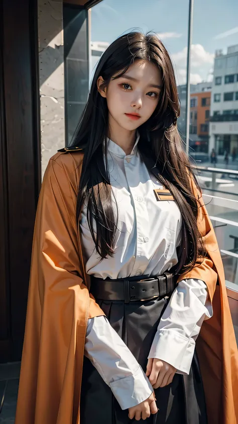 long black-haired white 17-year-old girl wear military suit, orange cape, big hazel eyes, sci-fi, dark mood, 