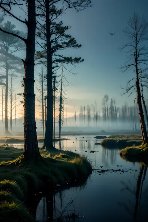 A mysterious swamp at twilight, where the mist hovers over the water, and the eerie call of wildlife punctuates the silence, creating an atmosphere of suspense and wonder.