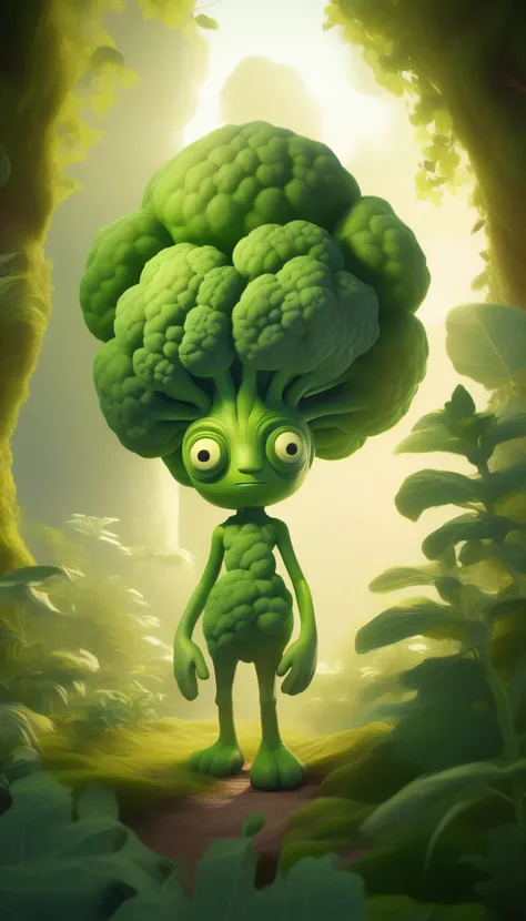 A surreal vegetable-inspired character with a human-like body, featuring a cauliflower head with soft, cloud-like texture, large expressive eyes with a sense of curiosity and wonder, standing in a lush garden of vibrant green leaves. The characters small h...