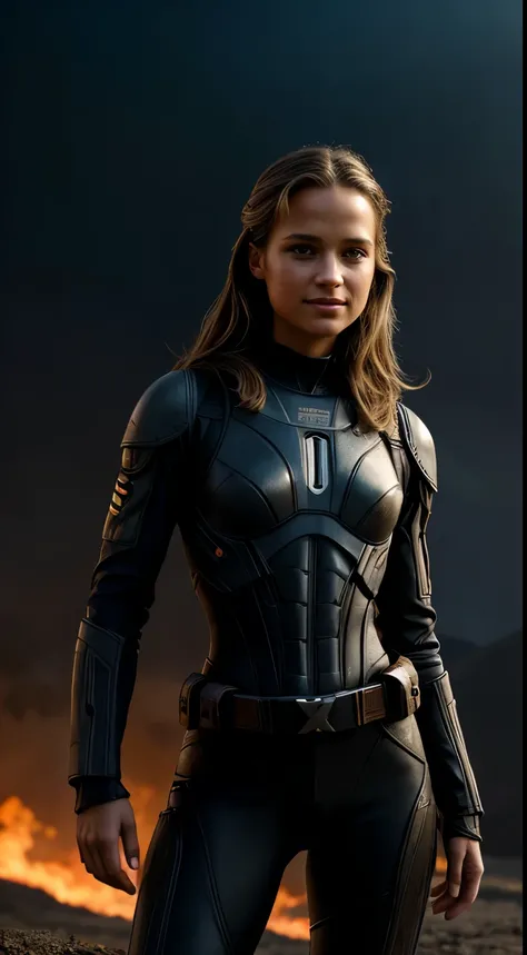 Foto hiperrealista en primer plano de Alicia Vikander, masterpiece, best quality, (photorealistic:1.4), full body, as a soldier from Starship Troopers, volcano,  cinematic light, beautiful woman, skinny, medium breasts, dark blond hair, detailed face, smil...