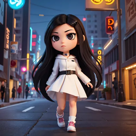 A Woman in a Cyberpunk World, long black hair, beautiful face, black eyes, white clothes, emojis, emoji style art, EXPRESSIONS, arte cartoon, Chibi Art