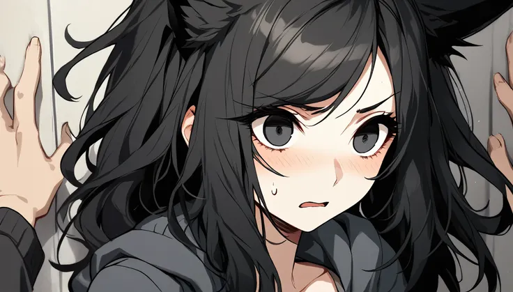 solo, female, close up, academy, young, hoody, long hair, black hair, fluffy hair, swept bangs, black eyes, fox ears, fox tail, short, large breasts, nervous, casual clothes, pov, kabedon, sweatdrop