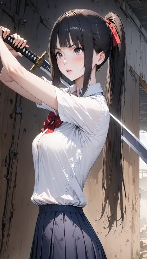 Action Scenes、((masterpiece,Best Quality:1.3,best quality illustrations,realistic)),cowboy shot,portrait,1 woman,adult,Female Swordsman,(ponytail),straight long hair,black hair,very small head,bangs,gray eyes,(gorgeous eyes),long body,medium breasts,(Schoo...